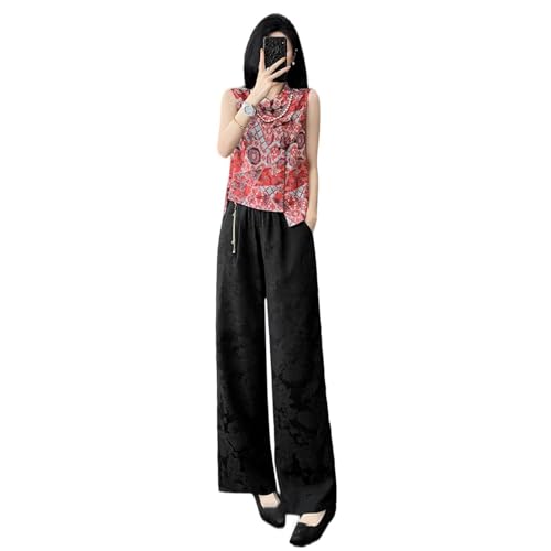 Ensemble style chinois en mousseline de soie de qualité supérieure avec pantalon large femme