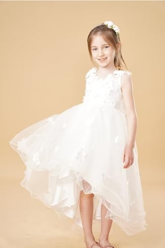 Flower Girl Dress for Wedding Lace Appliques 3D Floral Hi-Lo Girls Pageant Tulle Dress Kids Princess Party Prom Gown3