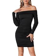 Umenlele Women's Sexy Elegant Ruffle Long Sleeve Off Shoulder Ruched Cocktail Party Mini Dress