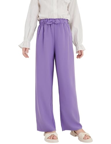 Image of Girls Wide Leg Palazzo Pant Loose Straight Cute Bow Waist Spring Summer Lightweight Dress Pant for Kids 5-14Y
