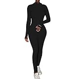 HODMEXI Women Embroidery Zipper High Neck Long Sleeve Bodycon Jumpsuit Shorts Rompers Party Clubwear Outfits Bodysuit (Black-1, L)