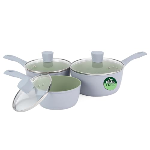 Salter Earth 3pc Saucepan Set – Sustainable Ceramic Non-Stick Coating, PFAS-Free Induction Cookware, Aluminium Cooking Pots with Lids, Easy Clean, PFOA/PTFE-Free, Stay Cool Handles, Green