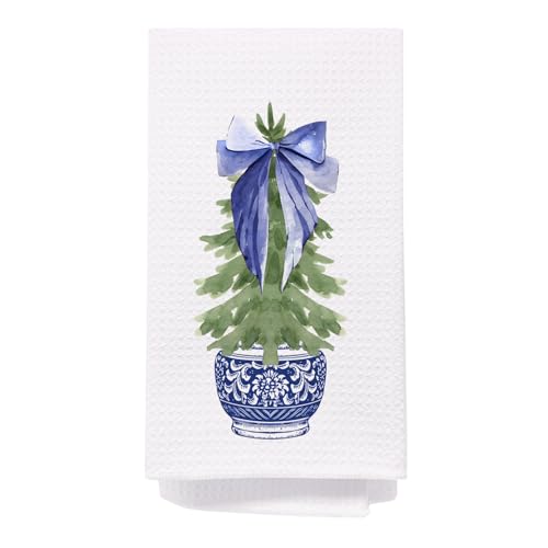 Chinoiserie Christmas Tree Hand Towels, Blue and White Porcelain -