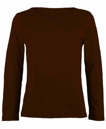 FASHION I LOVE Girls Boy Kids Plain Basic Long Sleeve Round Neck T-Shirt Stretch School Tee Top Kids Long Sleeve Round Neck T-Shirt Stretch Uniform PE School Tee Top 2-13 Years Brown