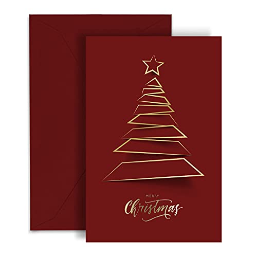 easykart labels 20 Christmas Greeting Cards with Gold Foiling Xmas Tree, 6.75 x 4.5 Size, Dark Red Self Paper with Red Envelope with Seal Stickers For Friends, Family and loved Ones