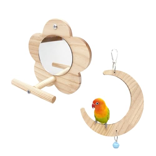 Papageienspielzeug Graupapagei Holz Mond Schaukeln Vogelkäfig Barsche Spiegel Papagei Vogelspiegel, Sitzstangen Vogelständer mit Spiegel