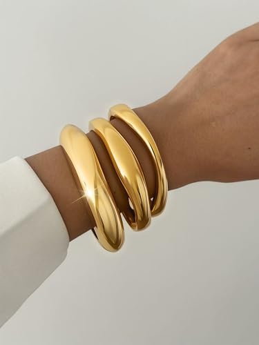 3Pcs Chunky Gold Bangles Bracelets for Women, Spring Hinged Bangles Stackable Set, Trendy Cuff Bracelet Fashion Jewelry Gifts3