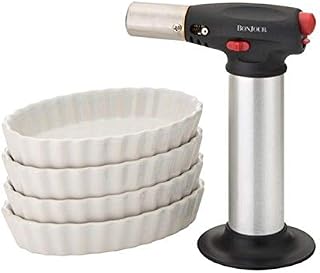 BonJour Chef's Tools Butane Crème Brûlée Torch and Porcelain Ramekin Set, 5-Piece, Stainless