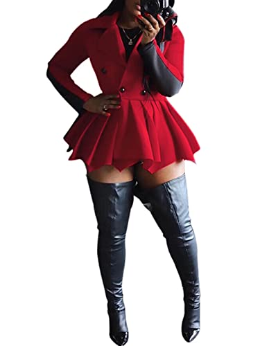 RAMOUG Two Tone Lapel V Neck Double Breasted Peplum Jacket Sexy Belted Blazer Mini Dress4