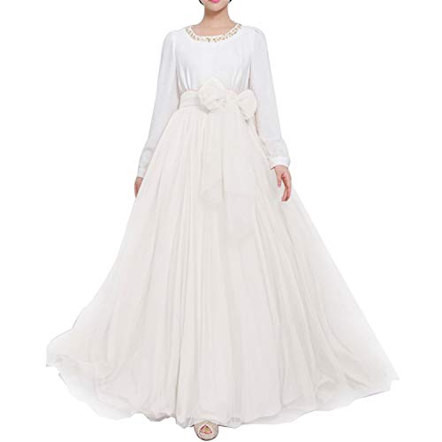 Yuluosha Women Wedding Long Maxi Puffy Tulle Skirt Floor Length A Line With Bowknot Belt High Waisted For Wedding Party Evening cover