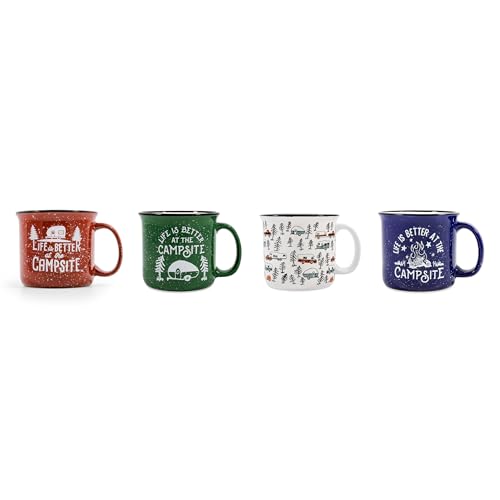 Camco Life is Better at The Campsite Ceramic Coffee Mug 4-Pack - Microwave and Dishwasher Safe - Features Camping & RVing Designs - Coffee Cups Holds 14oz. (53357)