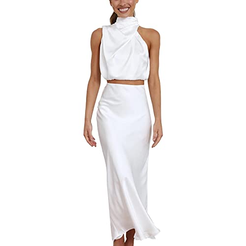 Abendkleider Elegant Für Hochzeit Damen Ärmelloses Satin A-Linie Backless Ballkleider Abschlusskleid Neckholder Partykleid Lange V-Ausschnitt...