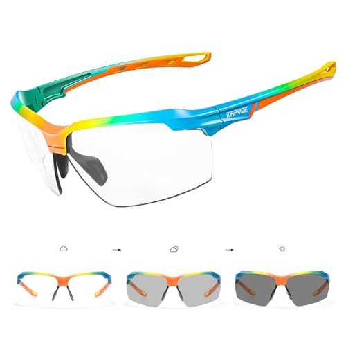 KAPVOE Photochromatische Selbsttönend Fahrradbrille Herren Damen Sportsonnenbrille Klar Radsportbrille Radfahren MTB Radbrille Laufen Volleyball Tennis Autofahren Softball Bergsteigen Golf Wandern K87