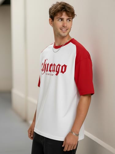 Image of LEOTUDE Men's Half Sleeve Cottonblend Printed Colourblocked Round Neck Drop Shoulder Oversized Tshirt for Man (Color Red)