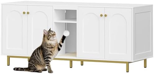 Hzuaneri Katzenschrank für 2 Katzen, 140 cm Katzenklo Schrank, Weiß Gold | Katzenhaus Versteckt mit Doppelräumen, Mit Stauraum, Plüschbälle, Kann als Fernsehschrank, 140 x 48 x 62