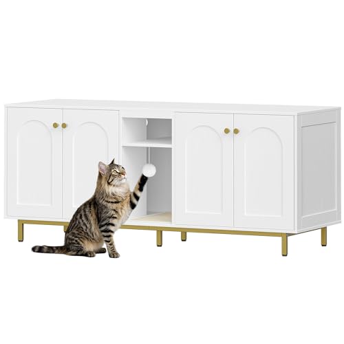 Hzuaneri Katzenschrank für 2 Katzen, Katzenklo Schrank, Katzenhaus Versteckt mit Doppelräumen, Mit Stauraum, Plüschbälle, Kann als Fernsehschrank, 140 x 48 x 62 cm, Weiß und Gold CB86513AV1