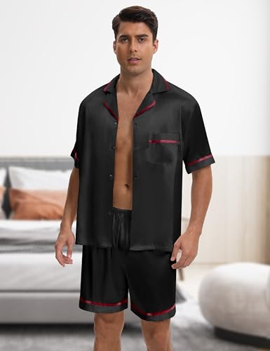 Silk Pajamas for Men Satin Pajamas Set Shorts Mens Summer Pjs Button Down Sleepwear Loungewear with Eye Mask2