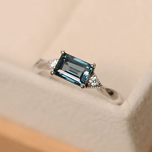 LUO 925 Sterling Silver 1.25 CT Emerald Cut London Blue Topaz Ring East West Delicate Promise Ring for Women US Size 7