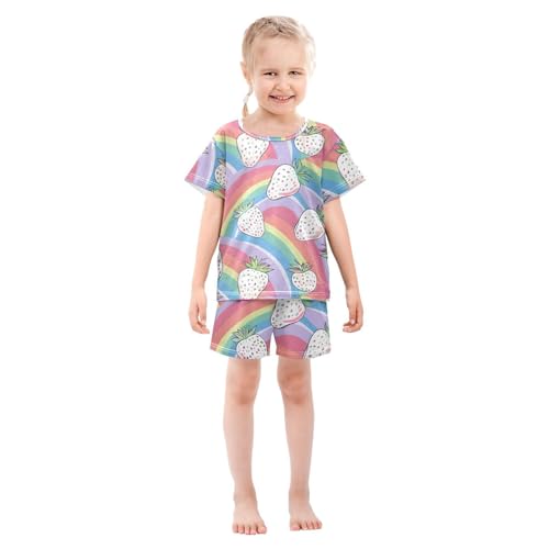 ALAZA White Strawberry Cartoon Rainbow Pajamas Short Sleeve 2 Piece Sleepwear Top and Bottom Pajama Set Unisex3