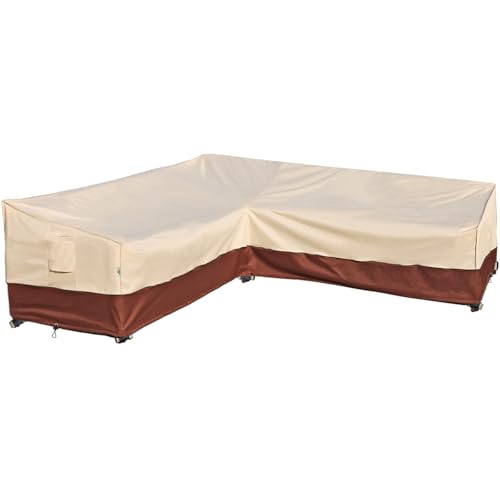 Outdoor Sectional Cover V-Shaped Garden Patio Furniture Covers Waterproof Rip-Stop Anti-UV 600D Outdoor Couch Sofa Cover with 3 Air Vents, 85"(85''L) x 33.5''D x 31''H, Beige & Reddish Brown