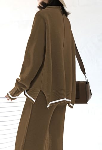 Fixmatti 2 Piece Knitted Outfits Striped Lounge Set Knit Top Matching Wide Leg Pants Sweatsuits Camel L