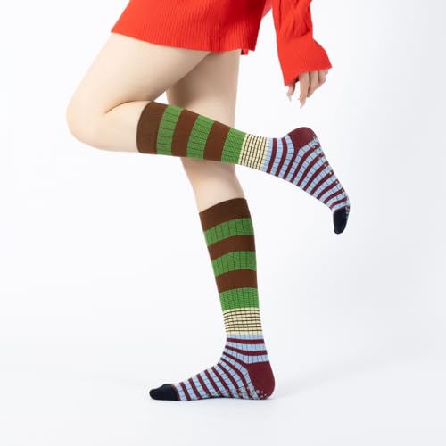Image of Verdancy Yoga Pilates Socks with Grips for Women Striped Color-Blocked Knee Highs Non Slip Cushioned Over the Calf Socks