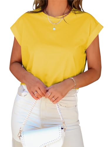 Image of Tankaneo Womens Short Sleeve Cropped T-Shirts Summer Rolled Dolman Sleeve Crop Tops Casual Round Neck Solid Short Basic Tees