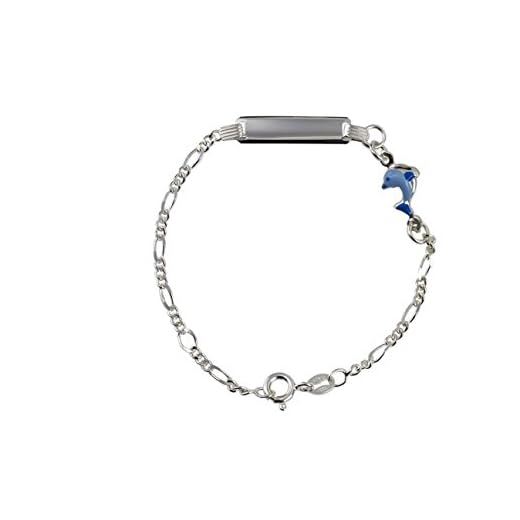 Aka Gioielli® - Pulsera ID Placa Plata de Ley 925 con Colgante Delfín Azul Esmalte, Regalo para niños