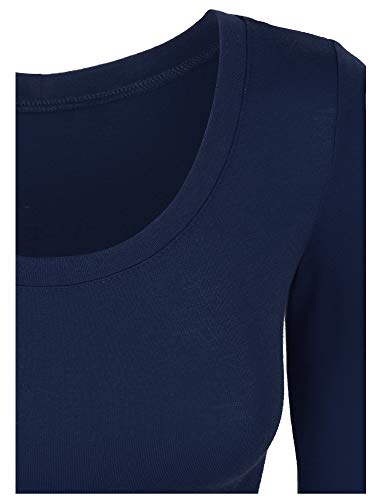 Kogmo Womens Long Sleeve Crop Top Solid Round Neck T Shirt -L-Navy #TOP3