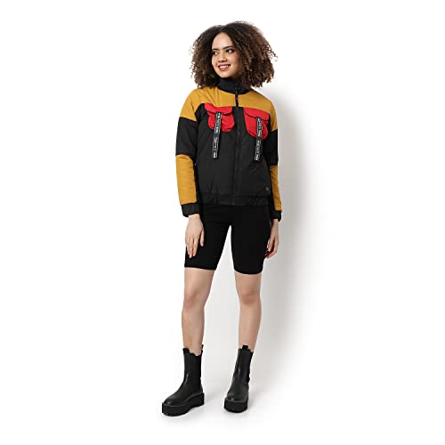 Image of Campus Sutra Women Mustard & Black Multicolour Puffer Regular Bomber Jacket For Winter Wear | Low-Cut Standing Collar | Full Sleeve | Zipper | Casual Jacket For Woman & Girl