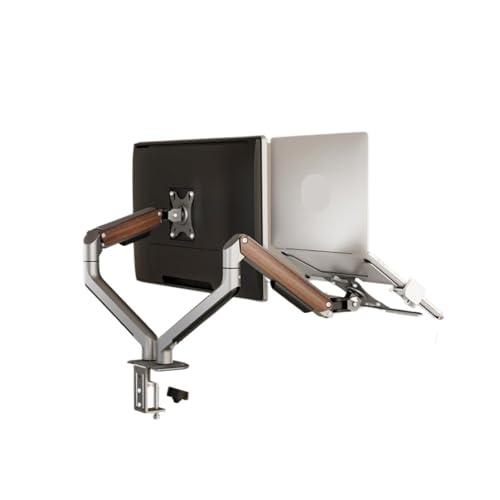 Support de moniteur double écran en bois marron avec plateau de rangement de bureau