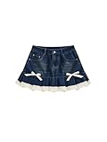 MakeMeChic Women's Lace Hem Bow Knot Denim Skirts A Line Mini Pleated Jean Skirt Blue Medium
