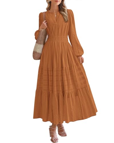 BTFBM Fall Dresses for Women 2025 Casual Long Sleeve V Neck Elastic Waist Lightweight Maxi Wedding Guest Dress Pockets