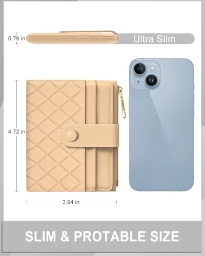 Womens Wallet, RFID Small Slim Wallets for Women, Compact Credit Card Holder, Cute Leather Bifold Ladies Purse with Zipper Coin Pocket and ID Window, Apricot2