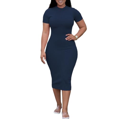 Image of TOPSRANI Women Sexy Midi Dress Bodycon Casual Sleeveless Basic Ruched Tank Summer Club Party Dresses