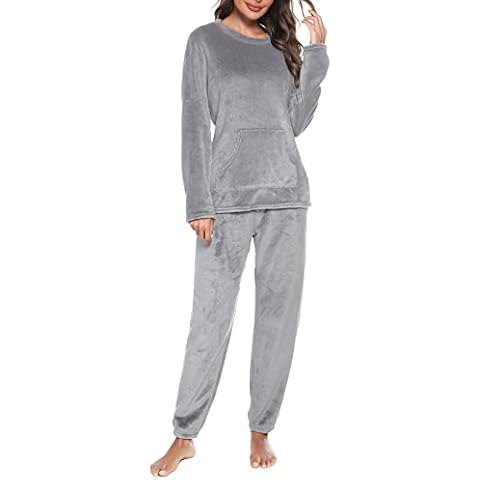Vlazom Womens Pyjamas Set, Soft 2 Peices Warm Fleece Pyjamas for Ladies PJs Sets Sleepwear with Pockets, B-Grey,M Cover