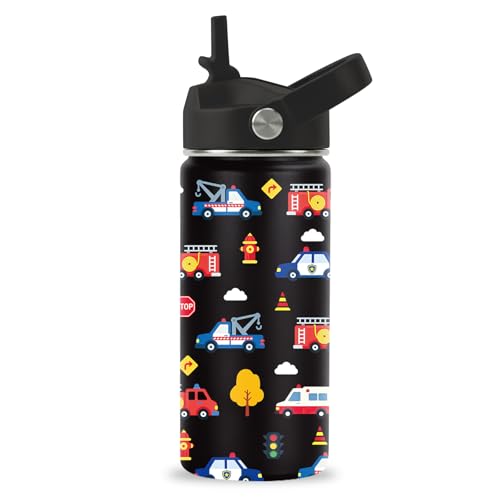 Botella de Agua Construction para Niños, Termo de Acero Inoxidable Aislado de 16oz con Tapa y Pajilla, Diseño de Vehículos de Rescate de Emergencia miniatura 1