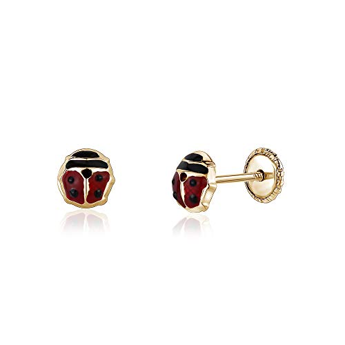 14K Gold Ladybug Ladybird Earrings For Baby Girl Red Enamel With Safety Screwback Covered Back #TOP23