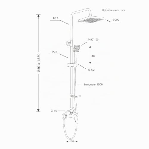 DP Robinet - Set de douche avec mitigeur argenté - réglable – vue 7