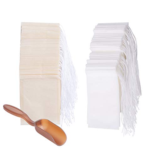 400pcs Sachets de Thé Jetable Sachet de Thé Vide Sachet de Thé en Papier Filtre Alimentaire Sachet de Thé à Remplir avec Cordon pour Thé, Café, Herbes 6*8cm avec Une Cuillère à Thé (Blanc, Brun) Cover