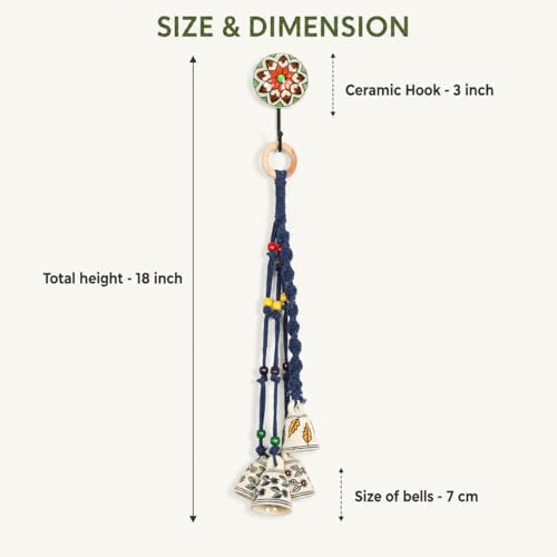 Image of KAAMERI BAZAAR Macrame Wind Chimes Enhance Living Space for Diwali (4 Bells, 1 Ring Tied with Blue Macrame Thread)