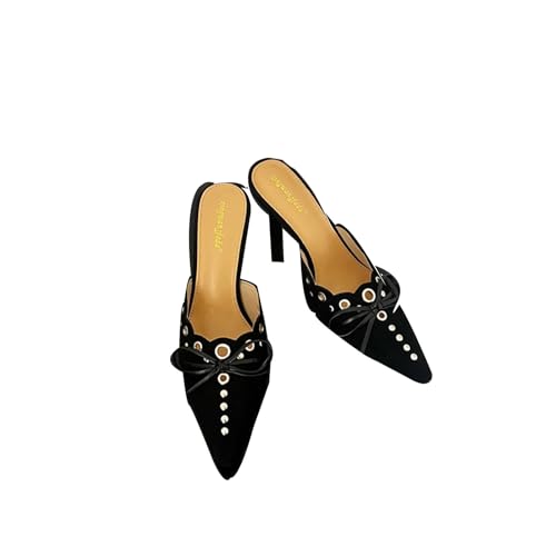 Pantuflas de tacón alto para mujer con lazo y encaje calado elegante