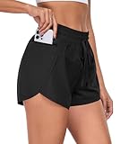 PrinStory Womens Athletic Shorts High Waisted Running Quick Dry Gym Workout Shorts with Zipper Pockets Black-L-FBA