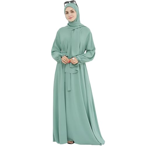 women muslim dress middle east arabian robe islamic modest dress with hijab scarf lace sleeve flowy abaya dress
