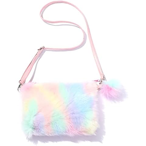 JHVYF Girls Kids Fuzzy Bag Plush Shoulder Bag Tie Dye Rainbow Crossbody Purse Wallet Children Toddler Rainbow Cover