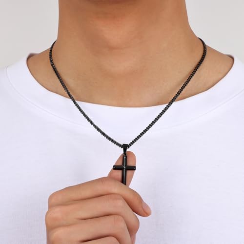 Image of Fiusem Silver Tone /Black /14K Gold Plated Cross Necklace for Men, Beveled Edge Pandent Mens Necklace, 3.5MM Stainless Steel Cuban Chain, 16-24 Inches Jewelry Gifts
