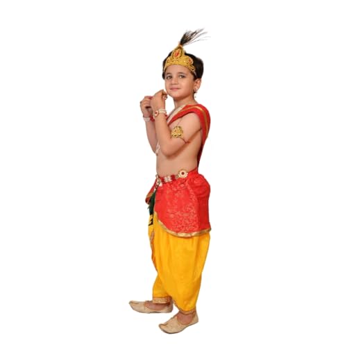 Image of Kaku Fancy Dresses Krishna Costume With Dhoti For Boy /Janmashtami /Bal Gopal Dress /Kanha Costume /Bal Krishna /Mythological Costume For Boy - Yellow-Red, 1-2 Years
