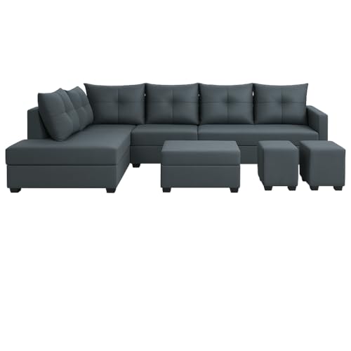 Image of SOCOZI Oriana 8 Seater LHS L Shape Sofa Set | Velvet Suede Fabric L Shape Sofa for Livingroom with 2 Ottoman & Centre Table | (Dark Grey)