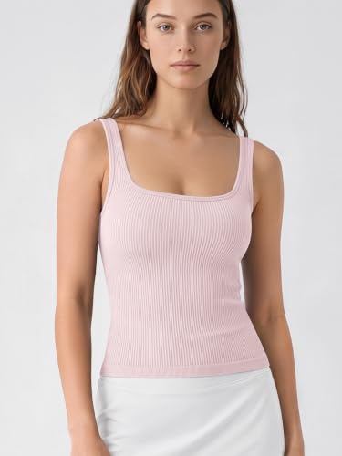 Image of ODODOS 3-Pack Seamless Square Neck Crop Tank for Women Ribbed Knit Soft Low Back Cropped Tops