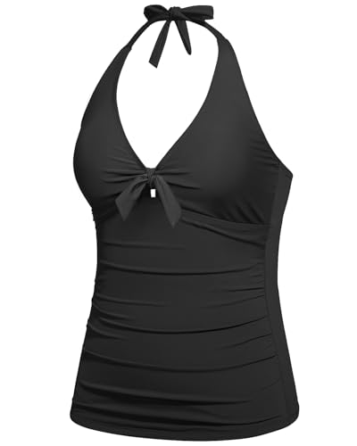 Women Halter Tankini Swim Top - Tummy Control Swimsuit Bathing Suit Top Front Tie Knot Swim Top Only 20252